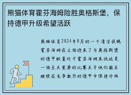 熊猫体育霍芬海姆险胜奥格斯堡，保持德甲升级希望活跃