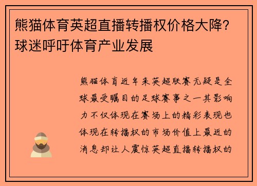 熊猫体育英超直播转播权价格大降？球迷呼吁体育产业发展