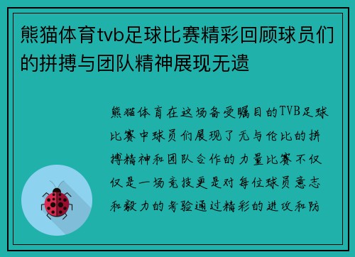 熊猫体育tvb足球比赛精彩回顾球员们的拼搏与团队精神展现无遗