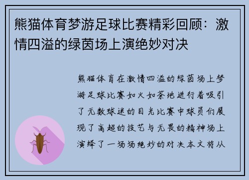熊猫体育梦游足球比赛精彩回顾：激情四溢的绿茵场上演绝妙对决